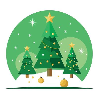 Christmas trees with gold christmas decoration on shiny green background