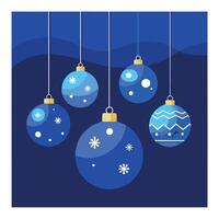 Blue christmas balls hanging from a string on a dark blue background. vector