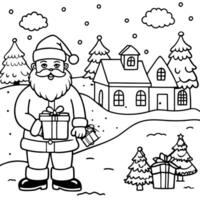 Santa Claus delivering gifts in snowy village. Merry Christmas greeting. vector