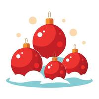 A group of red christmas ornaments sitting on top of a snow covered ground. vector