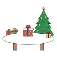 Christmas background with white table. christmas gifts and tree with copy space vector