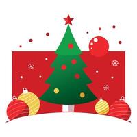 Red christmas background with christmas tree and baubles. copy space vector