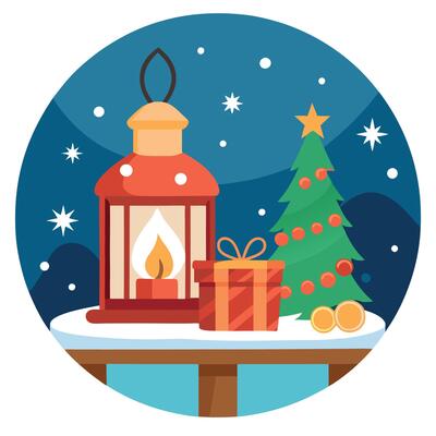 Lantern with candle on wooden table with a festive Christmas