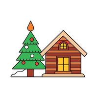 A picture of a cabin with a lit candle and a christmas tree in the background with a candle lit. vector