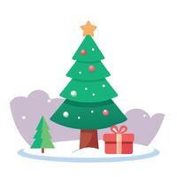 Background for a greeting card for Christmas and New Year with a small Christmas tree and a gift vector