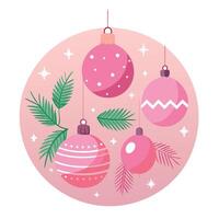 A pink christmas background with ornaments and fir branches on a pink background. vector