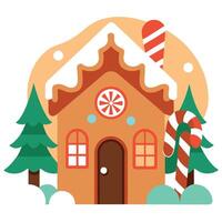 A christmas scene with a gingerbread house and candy canes. vector