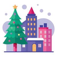 Christmas tree in the city next to house with christmas decoration. vector