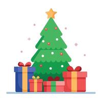 Christmas tree and heap of gift boxes and space for text over wall. christmas background vector