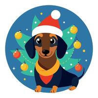 A cartoon dachshund wearing a santa hat and a christmas tree vector