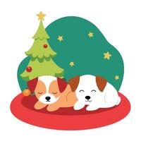 Two puppies are sleeping on a pillow in front of a christmas tree. image. vector