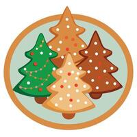 Christmas tree shaped Gingerbread Cookies covered With white icing served on a plate vector