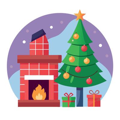 Stylish Christmas interior with decorated fir tree and fireplace.