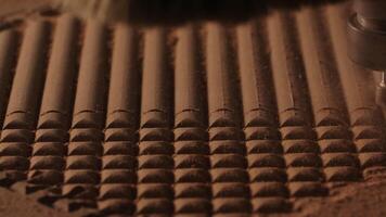 Close-up of machine for patterns on wood. Creative. Industrial machine with cutting needle on surface of wooden board. Automated machine carves patterns on wood video