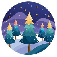Magical forest with christmas trees and blurry glowing lights vector