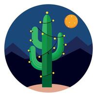 Saguaro cactus with Christmas lights in the desert at night and mountains in the background vector
