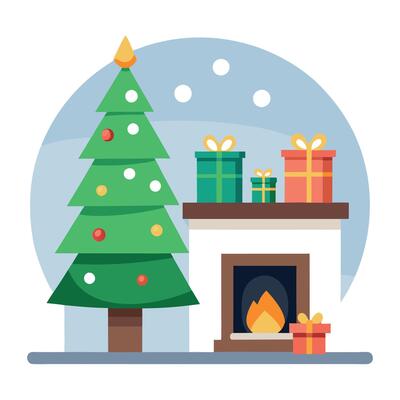Modern neutral living room with fireplace and aesthetic christmas tree with lights for the holidays