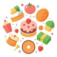 Assorted sweets. dessert. cakes. macarons in a christmas or festive atmosphere. top. flat vector