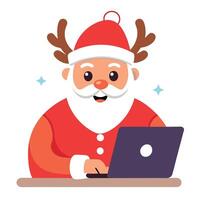 Smiling santa claus writes a message in a laptop with deer technologies vector