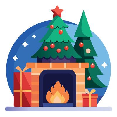 Fireplace in a festive interior. Merry christmas and happy new year concept