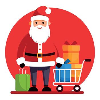 real hombre Papa Noel claus cerca un compras carro lleno de presente caja en un rojo antecedentes. vector
