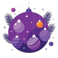 Purple christmas background with fir tree branches and baubles. Copy space vector