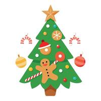 Close-up of a Christmas tree decorated with baubles. lights. gingerbread and candies. vector