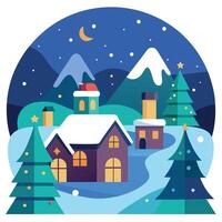 Cozy snow covered village with twinkling lights background. Created with technology vector