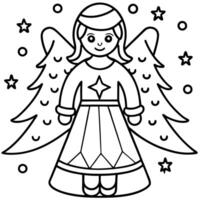 Wood figurine of an christmas angel in front of an bokeh background with a christmas tree. vector