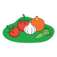 Tomatoes. onions. garlic. and parsley on a green surface. vector