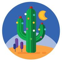 Saguaro cactus with Christmas lights in a colorful desert at night vector