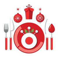 A christmas table setting with red plates and silverware created with technology vector