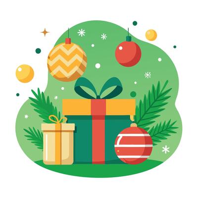 A green christmas background with a gift box and ornaments.