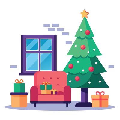 A living room decorated for christmas with a christmas tree in the corner.