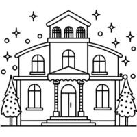 A wide angle shot of a villa decorated for Christmas with lights and Christmas trees vector