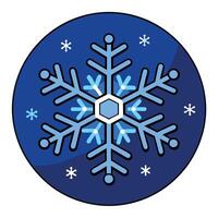 A snowflake is shown in the dark with snow flakes on it's sides and a blue background. vector