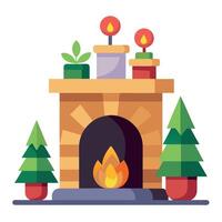 A mantle with candles. a christmas tree and a potted plant. vector