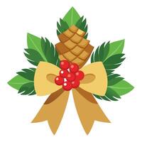 Gold bow with christmas flower. pine cone and berries isolated on transparent background vector