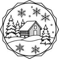 Rustic winter scene with a watercolor border and snowflakes vector