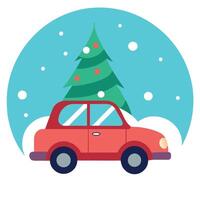 Miniature car with christmas tree on the roof. christmas snow background. vector