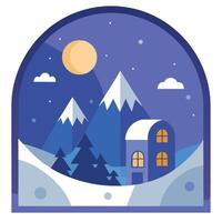 A window view of a snowy village with a full moon in the sky and a snowy mountain in the distance. vector
