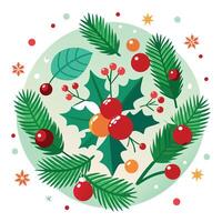 Merry Christmas flatlay with spruce branches and bright red berries. Concept of holiday cheer. vector