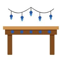 Blue holiday string lights on a wooden table on black background. vector