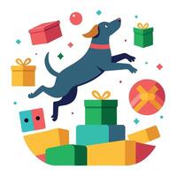 Dog jumping in the air. bouncy and christmas boxes generativa IA vector