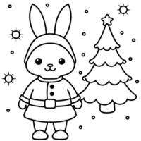Little tiny bunny dressed up as Santa claus on snowing and christmas tree background. vector