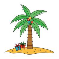 Palm tree in Christmas decoration with presents on exotic beach at night vector