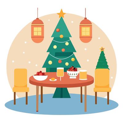 Table served for Christmas dinner. Living room decorated with lights and Christmas tree.