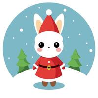 Little tiny bunny dressed up as Santa claus on snowing and christmas tree background. vector