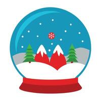 Snow globe with christmas scene on frozen ground and red baubles vector
