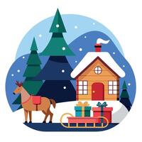 A christmas scene with a sleigh. presents and a horse drawn carriage in front of a log cabin. vector